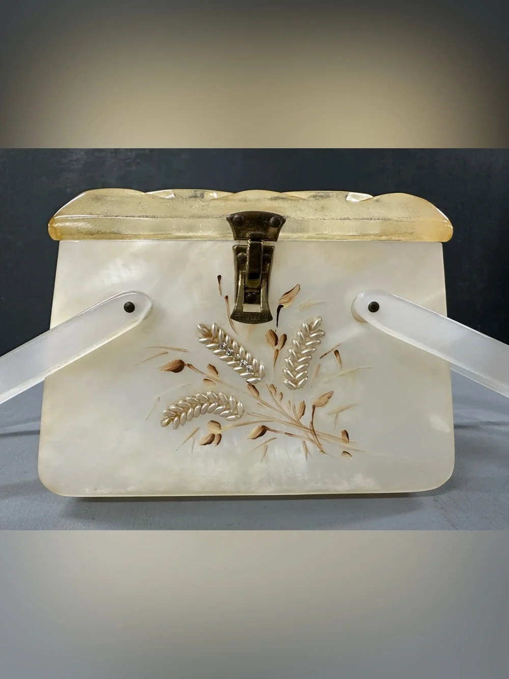 Vintage 40’s Bakelite Ivory Pearlized Box Purse with Gold Accent and Wheat Motif